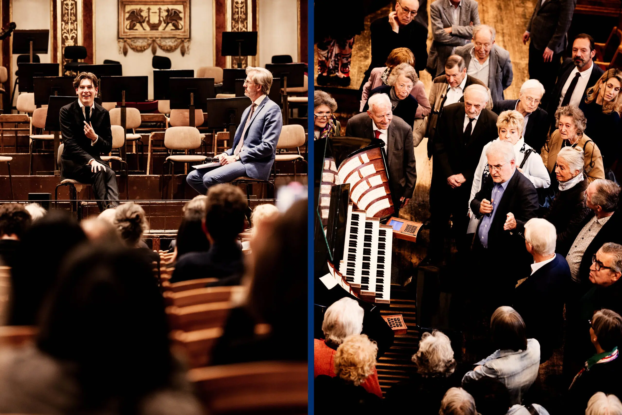 Collage aus einer Impression eines Künstlergesprächs, zwei Männer lachend auf der Bühne davor Publikum Impression aus einer Orgelpräsentation. Interessierte Menschen stehen um eine Orgel